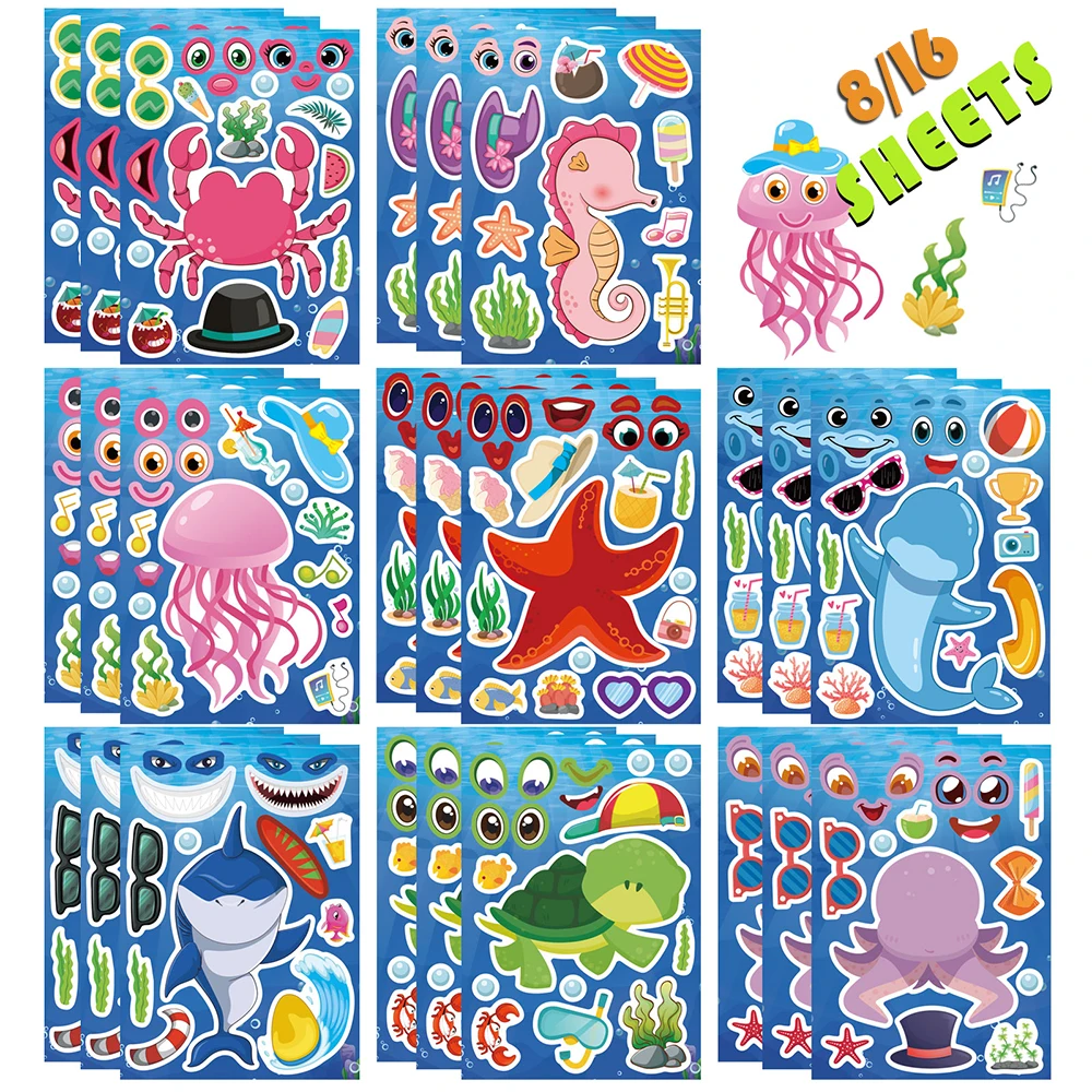 8/16Sheets DIY Marine Animal Make a Face Jigsaw Puzzle Stickers Blue Sea Assemble Toys For Kids Funny Game Children Party Favor