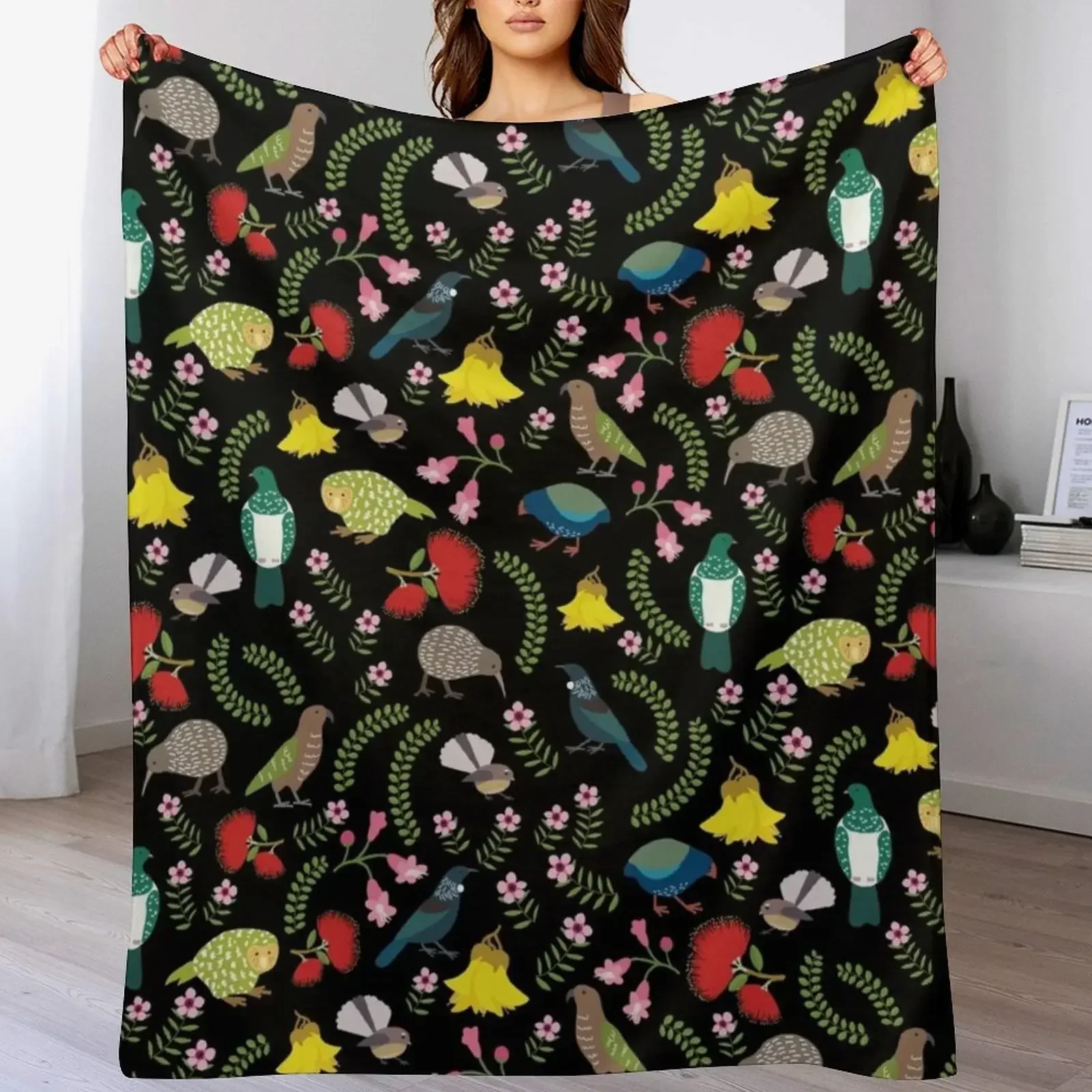 

New Zealand Birds and Flowers BLACK Throw Blanket Bed Decorative Throw Blankets