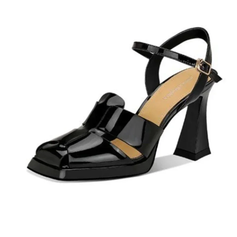 Women's High Heel Sandals Fashion Patent Leather Roman Sandals Sexy Hollow Out High Heels for Woman Designer Shoes Zapatos Mujer