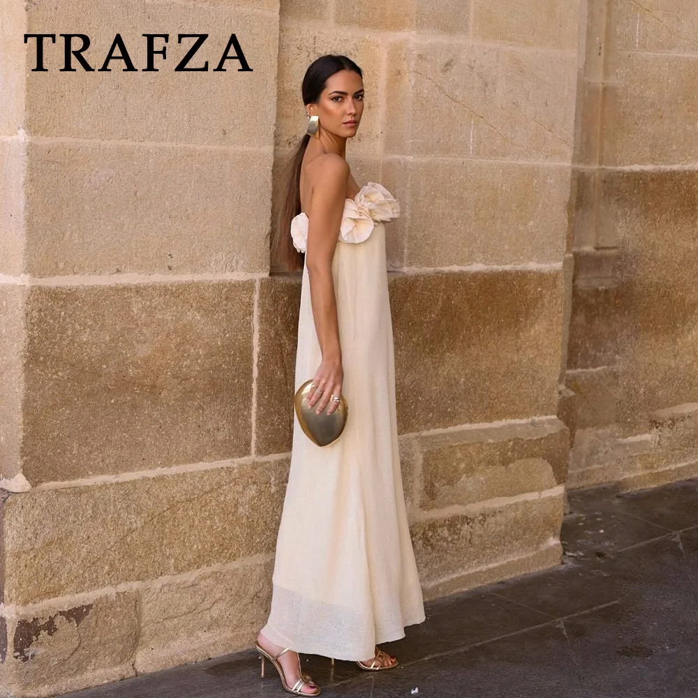 TRAFZA 2024 Spring Summer Sexy Tierred Women Dresses Fashion Club Slim Strapless Sleeveless Solid Chest Wrapping Chic Long Dress