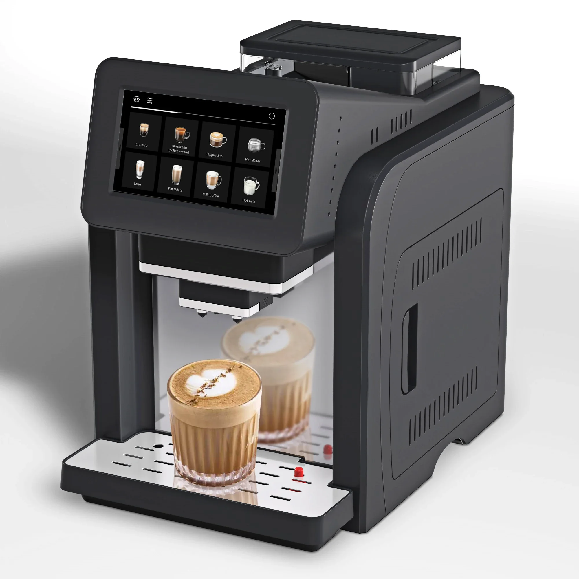 High-capacity automatic espresso machine with temperature control, brewing system, touch screen, milk carton, self-cleaning