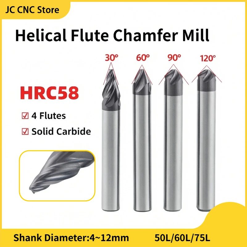 HRC58 Helical Flute Chamfer Mill 4 Flute Solid Carbide Chamfering Countersink Deburring End Mill 30/60/90/120 Degree for CNC