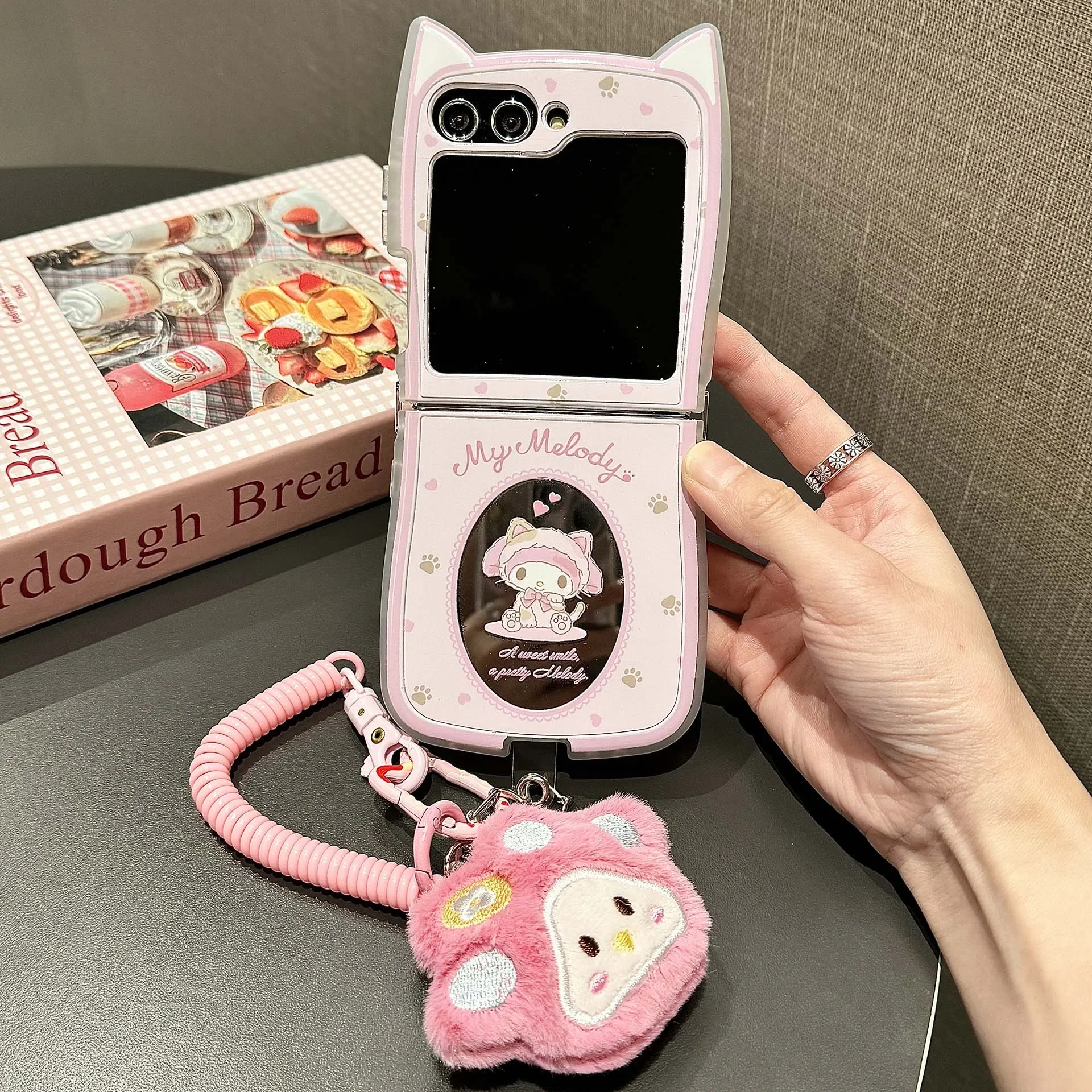 3D Cute Cartoon Sanrio Kuromi My Melody Mirror Phone Case For Samsung Galaxy Z Flip 6 5 Soft Cover For Z Flip 3 4 With Lanyard