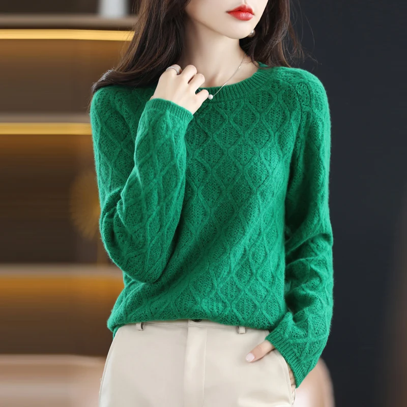 

% wool round neck crocheted bottoming shirt ladies autumn and winter new knitted solid color sweater loose top