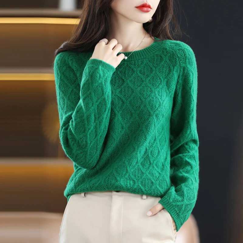 % wool round neck crocheted bottoming shirt ladies autumn and winter new knitted solid color sweater loose top