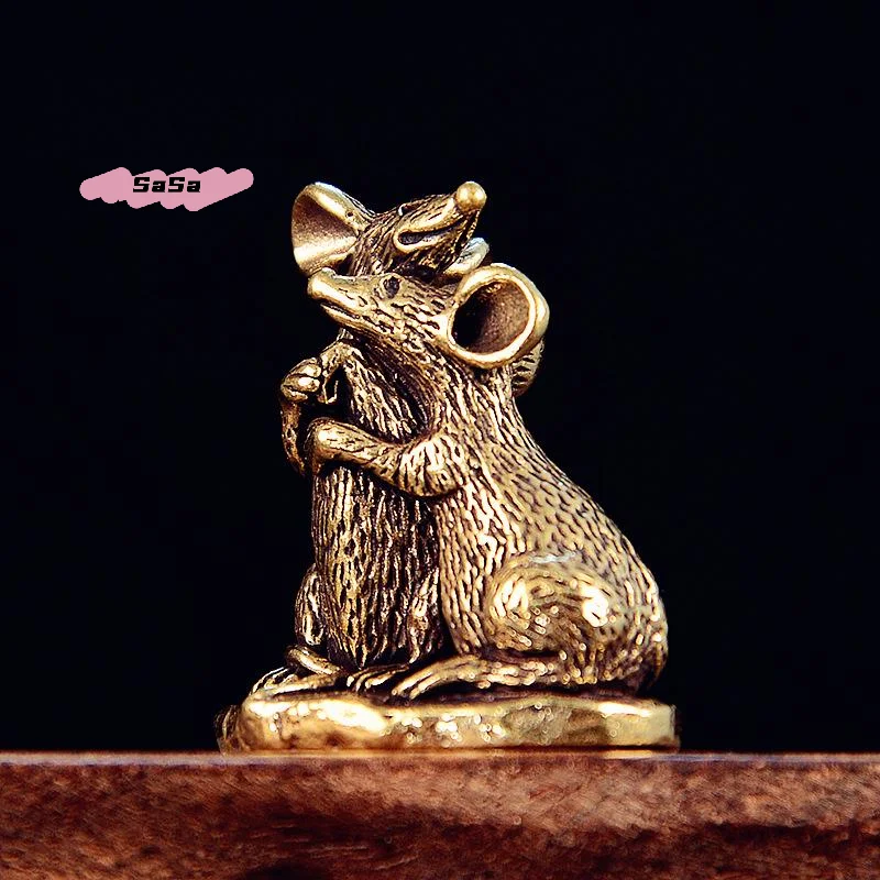 S-1Pc Rat Small Statue Miniatures Desktop Ornament Antique Copper Love Mouse Figurines Living Room Home Decor Crafts Accessories