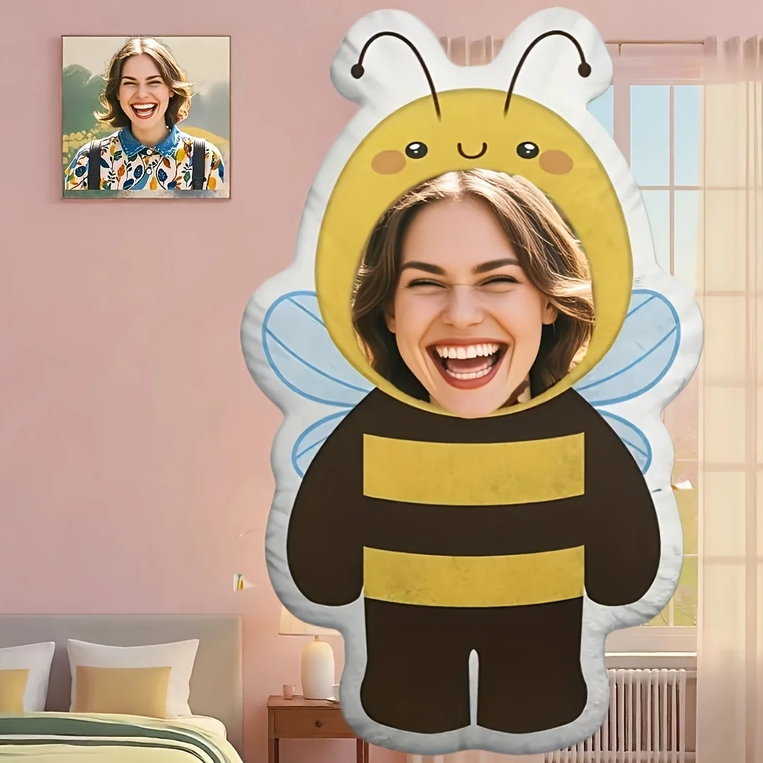 Coussin photo personnalisé en forme d'abeille irrégulière, en tissu doux imprimé, cadeau personnalisé pour les amoureux et la famille