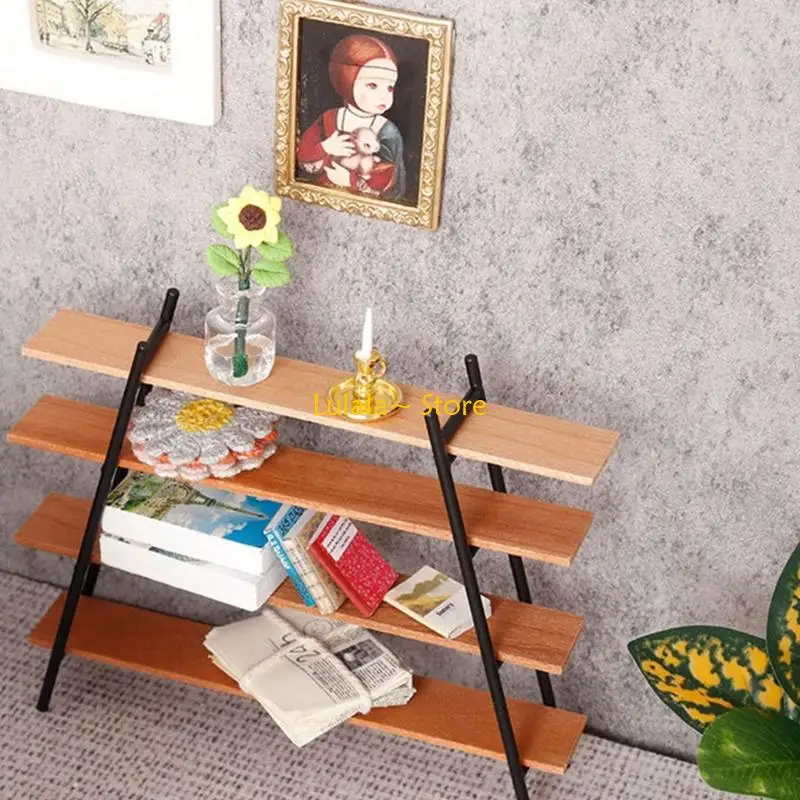 y4qa رف عرض خشبي مع 4 طبقات تخزين لإكسسوارات منزل الدمية 1/12 مقياس مصغرة للأثاث مشهد عرض الدعائم