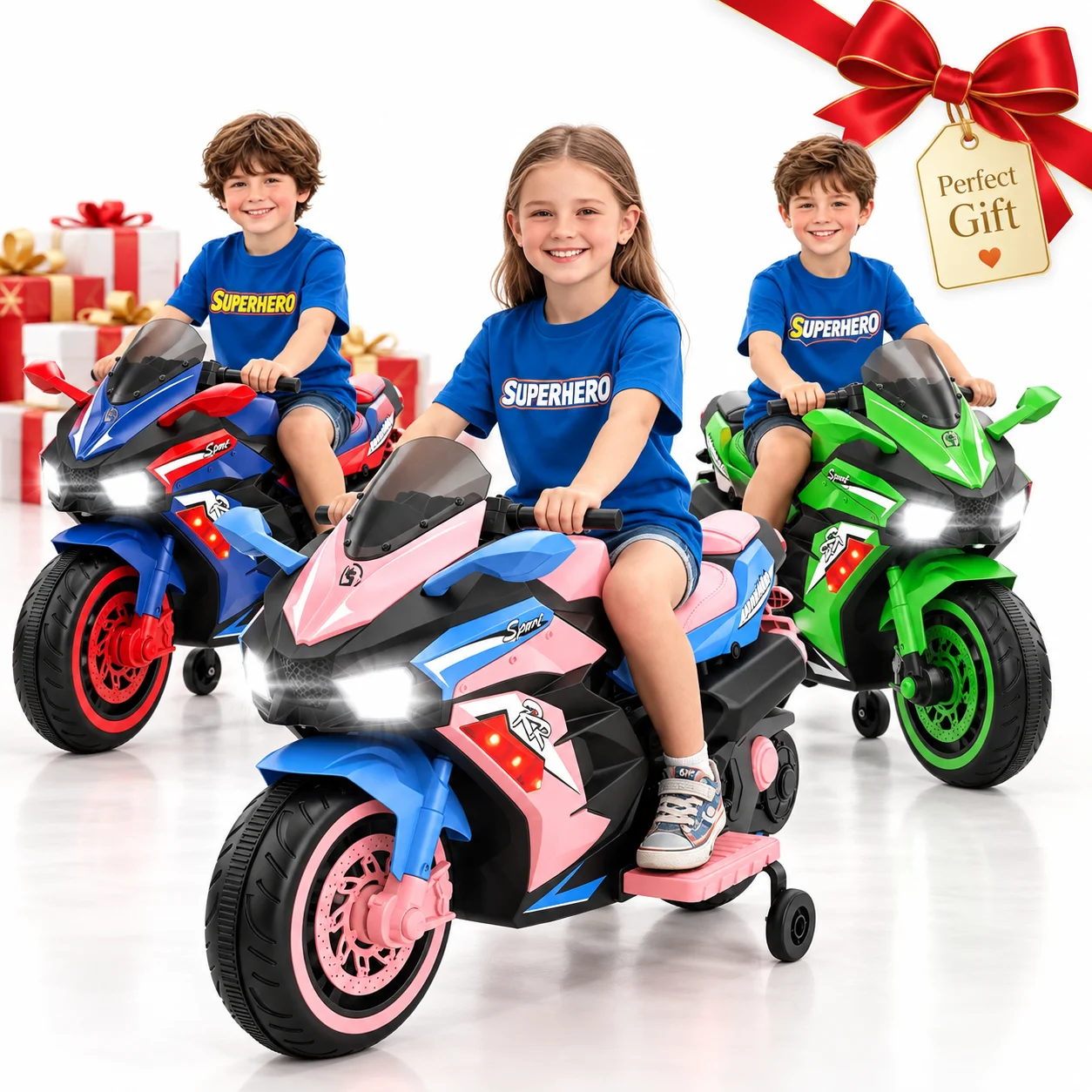 Kids Electric Motorcycle Ride On Toy, 12V 7Ah Battery Powered Toddler Motorbike for Boys Girls Ages 3-5, 4 MPH Max Speed, LED Light Up Wheels, Headlights, Bluetooth Music, Training Wheels, Electric Sport Bike Gift