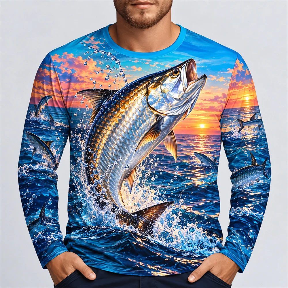 Coral Reef Fish 3D Printed Long Sleeve Fishing Shirt for Men Snapper Graphic Sun Protection Crew Neck Top Saltwater Angler Wear