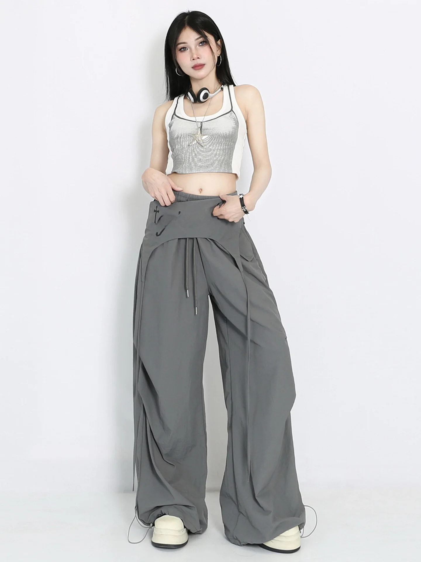 Americano retro high street calças de perna larga feminina solta rugas casual jazz dança calças camadas roupas calças compridas