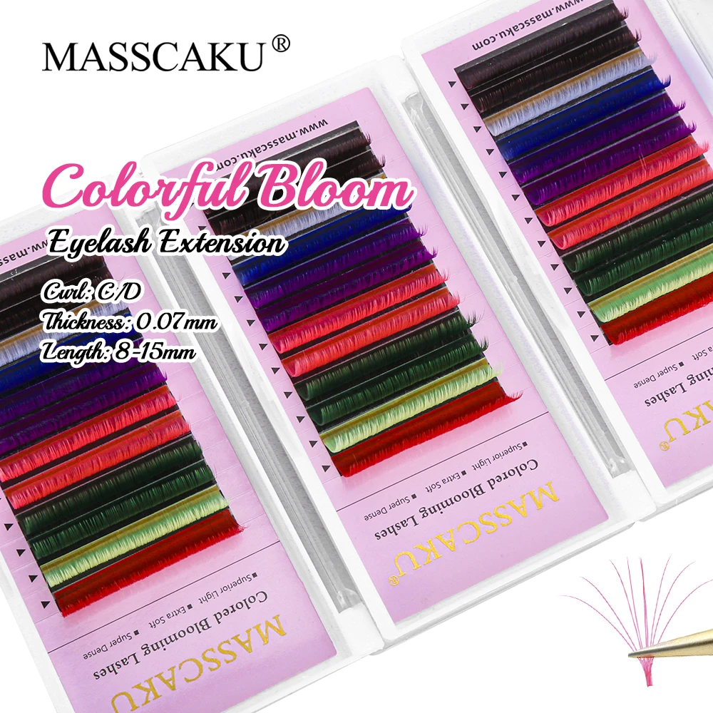 

Hot Sale MASSCAKU Multi-colored Blooming Lash 8-15mm Single Length Soft Natural Fluffy Easy Fanning Flowering Eyelash Extension