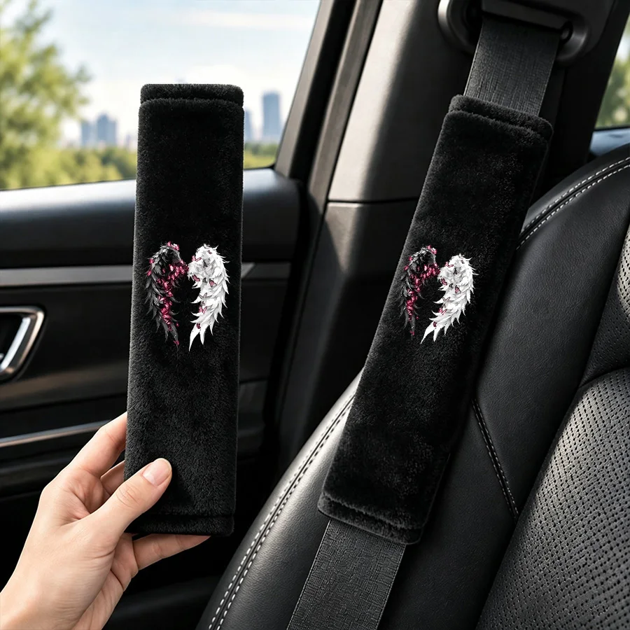 2pcs car seat belt cover, crystal velvet wing pattern shoulder guard, soft and comfortable, car interior accessories