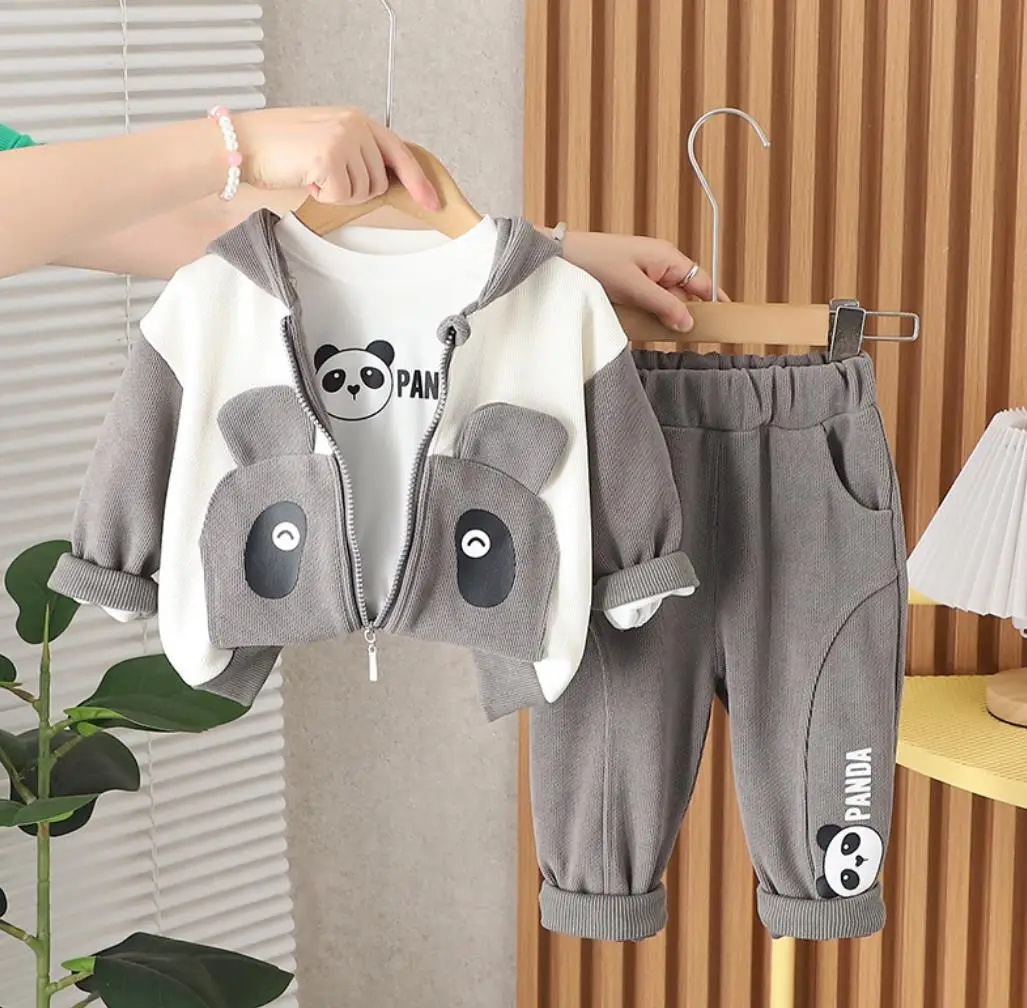 Boys Autumn Tracksuits 2024 New Style Children Baby Clothing Cartoon Panda Hooded Jacket White T-shirt Pants Toddler Outfits Set