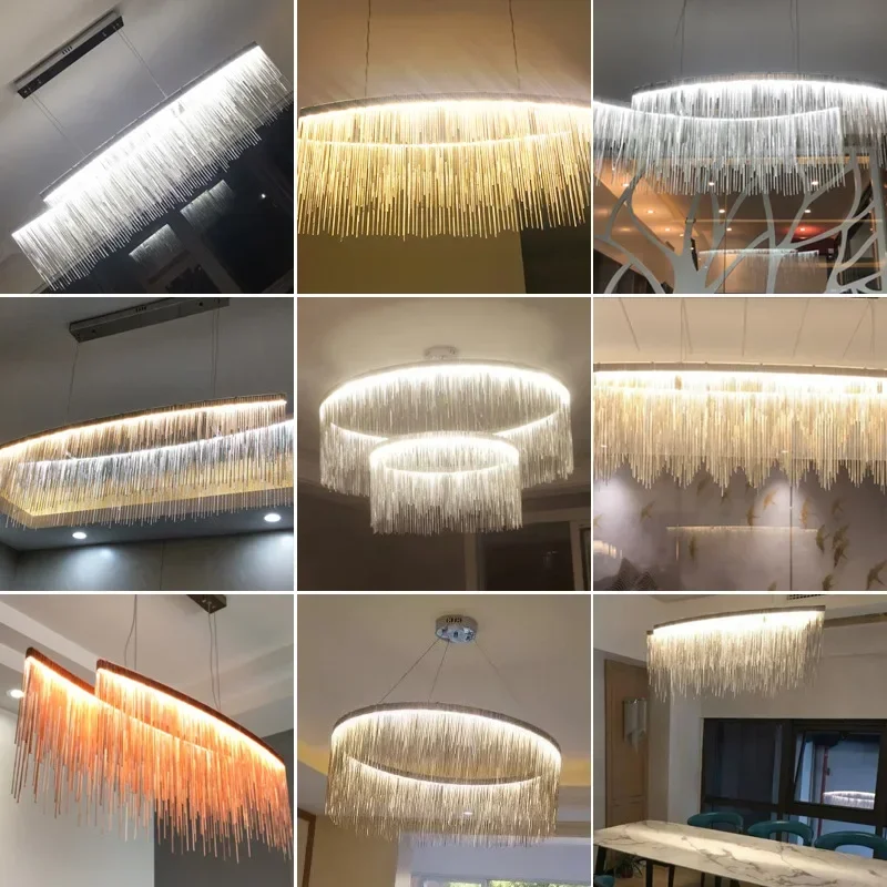 Imagem -06 - Alumínio Cadeia Tassel Chandelier Iluminação Decoração Interior Lâmpada Led Pendant Drop Light Design Retangular Prata e Ouro Moderno