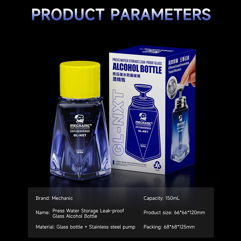 MECHANIC GL-NXT 150ml Leak-Proof Alcohol Bottle Press Pump Glass Container Press Water Storage Glass Alcohol Bottle