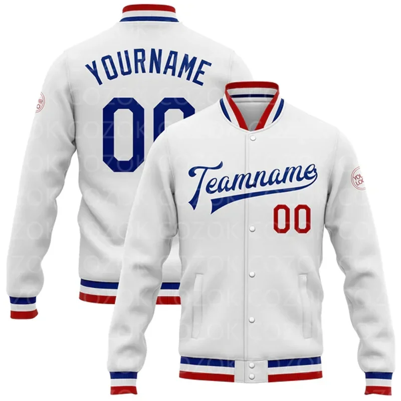 Custom White Red 3D Printed Vertical Line Baseball Button Jacket Bomber Full-Snap Varsity Letterman Jacket