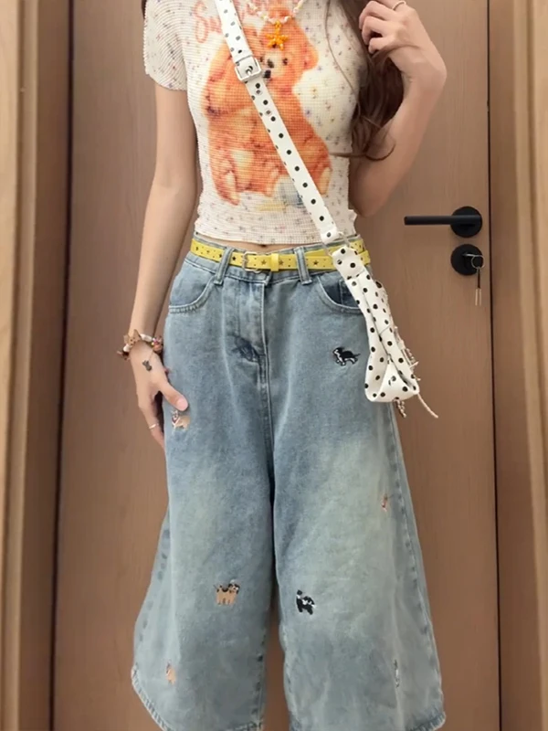 Sweet Cool Spicy Girl American Style Dog Embroidery Wide Leg Jeans Women Summer Loose Slim Straight Leg Trousers Trendy