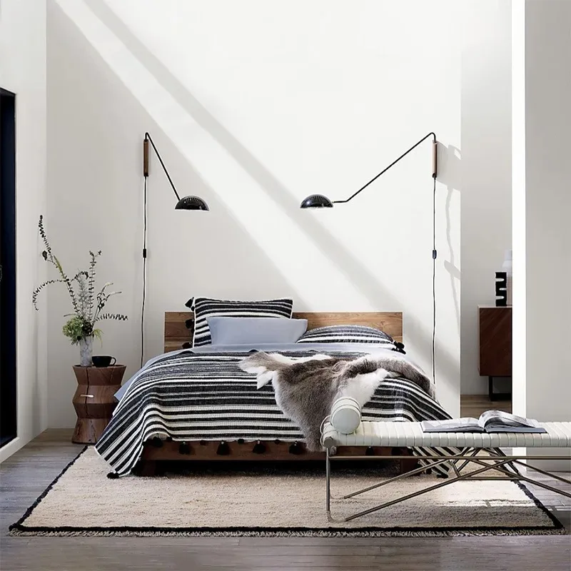 Simple Living Room Study Reading Rotatable Rocker Arm Lamps Minimalist Wall Lamp Nordic Solid Wood Bedroom Bedside Lamp