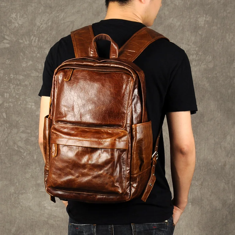 Shoulder Bag Men Genuine Leather Casual Laptop Bag Male Brown Travel Backpack New Retro Oil Wax Leather Trend Top Layer Leather