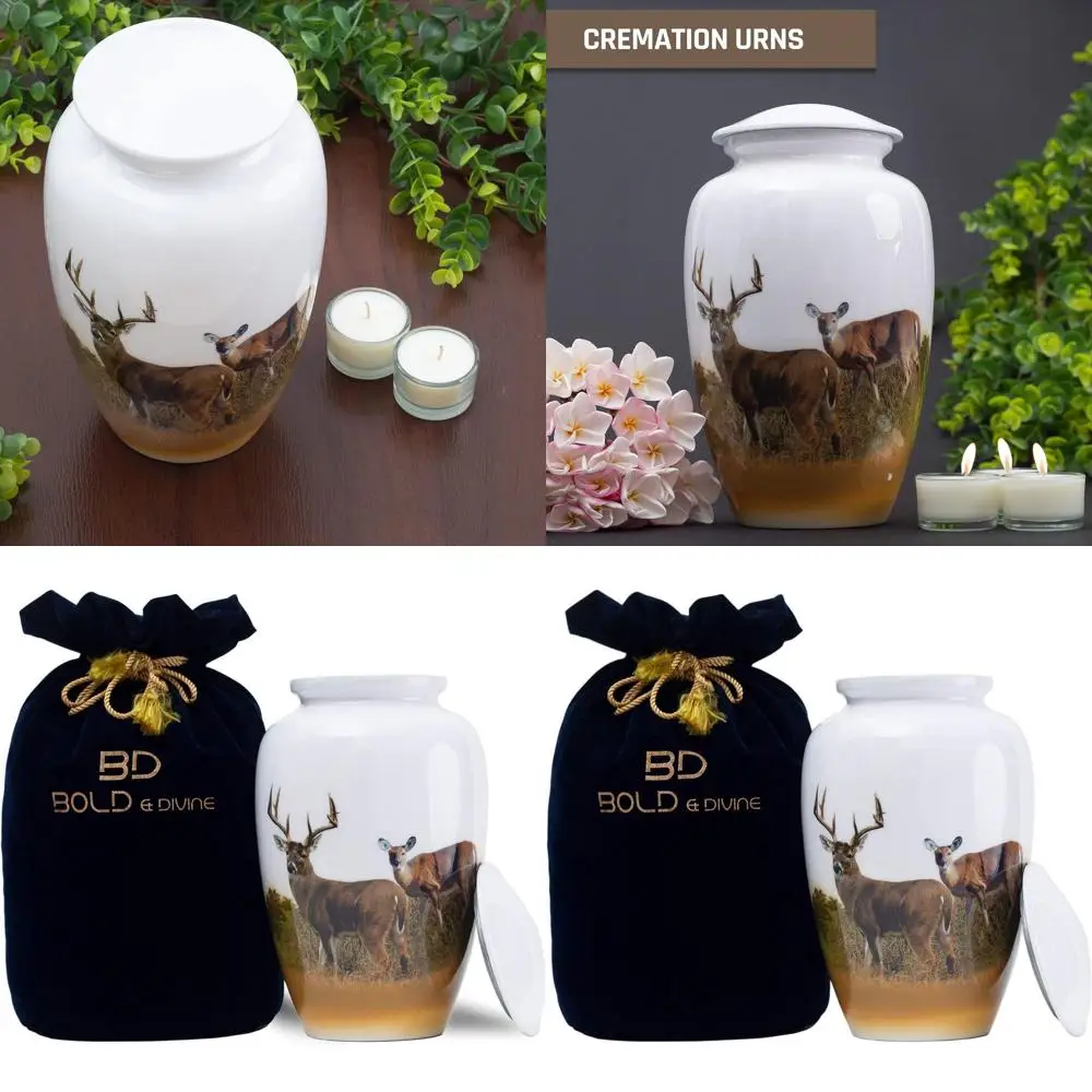 

Большая урна с оленями ручной работы для взрослых пепла, 200 кубических дюймов, с эксклюзивным бархатным чехлом