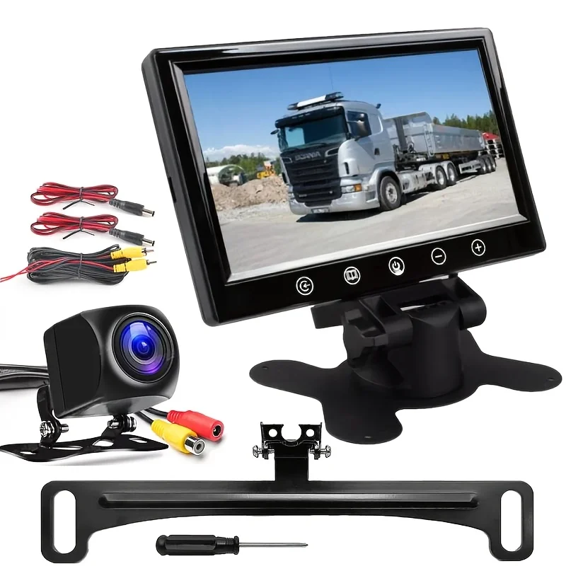 17.78 cm Desktop Monitor with Touch Button & Metal License Plate Rear View Camera Kit Easy Installation for Car Truck Pickup