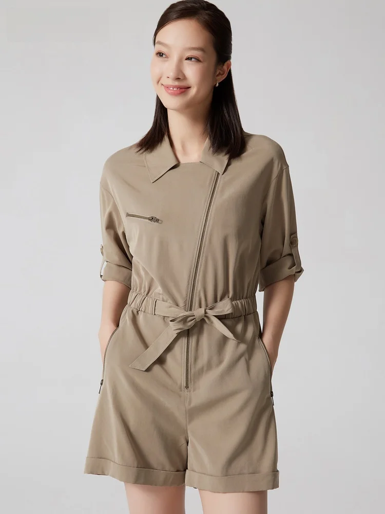 

Женский летний комбинезон с высокой талией, асимметричной молнией, отложным воротником, поясом и прямыми штанинами