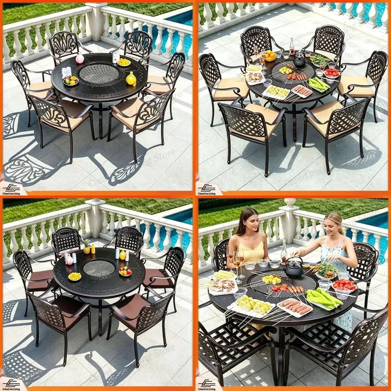 for Outdoor Cast Aluminum Alloy BBQ Dining Table and Chair Set Dual Purpose Courtyard Garden Dinner Camping Furniture