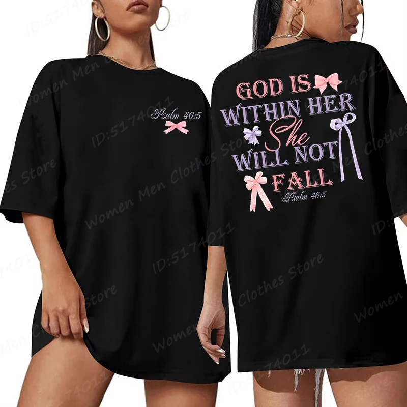 Bow & God Is Within Her She Will Not Fall Print T-shirts, Christian Quote Tshirt, Casual Short Sleeve, Women's Oversized T-shirt