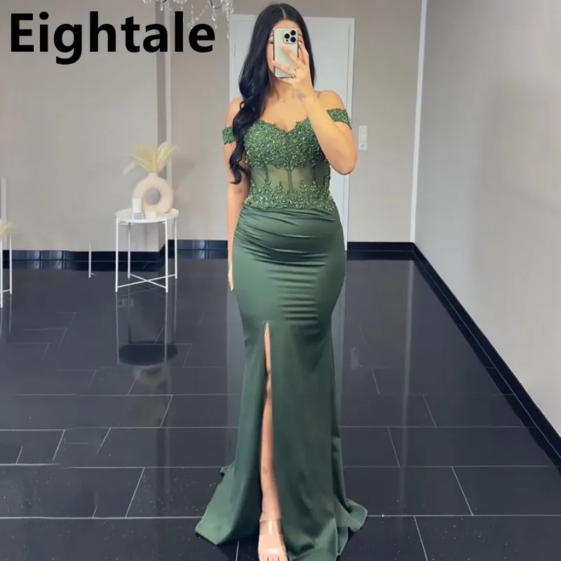 Customized Army Green Mermaid Evening Dresses Beaded Off Shoulder Slit Party Gown Fitted Arabic Prom Dress