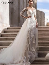 Modest O-neck Long Sleeve Wedding Dress Classic Lace Appliques Bride Robe Elegant Mermaid Long Bridal Gown Robe De Mariée