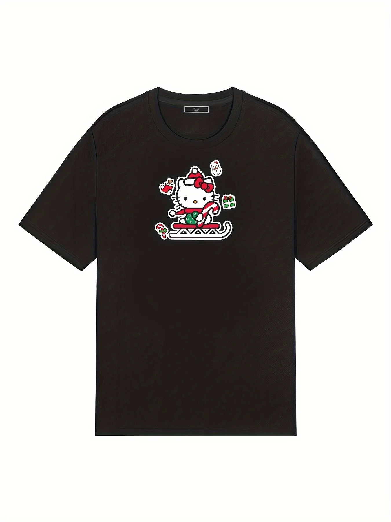 

Рождественская футболка Sanrio Hello Kitty с бантом и холщовым узором для мужчин и женщин, удобная рубашка с короткими рукавами и круглым вырезом