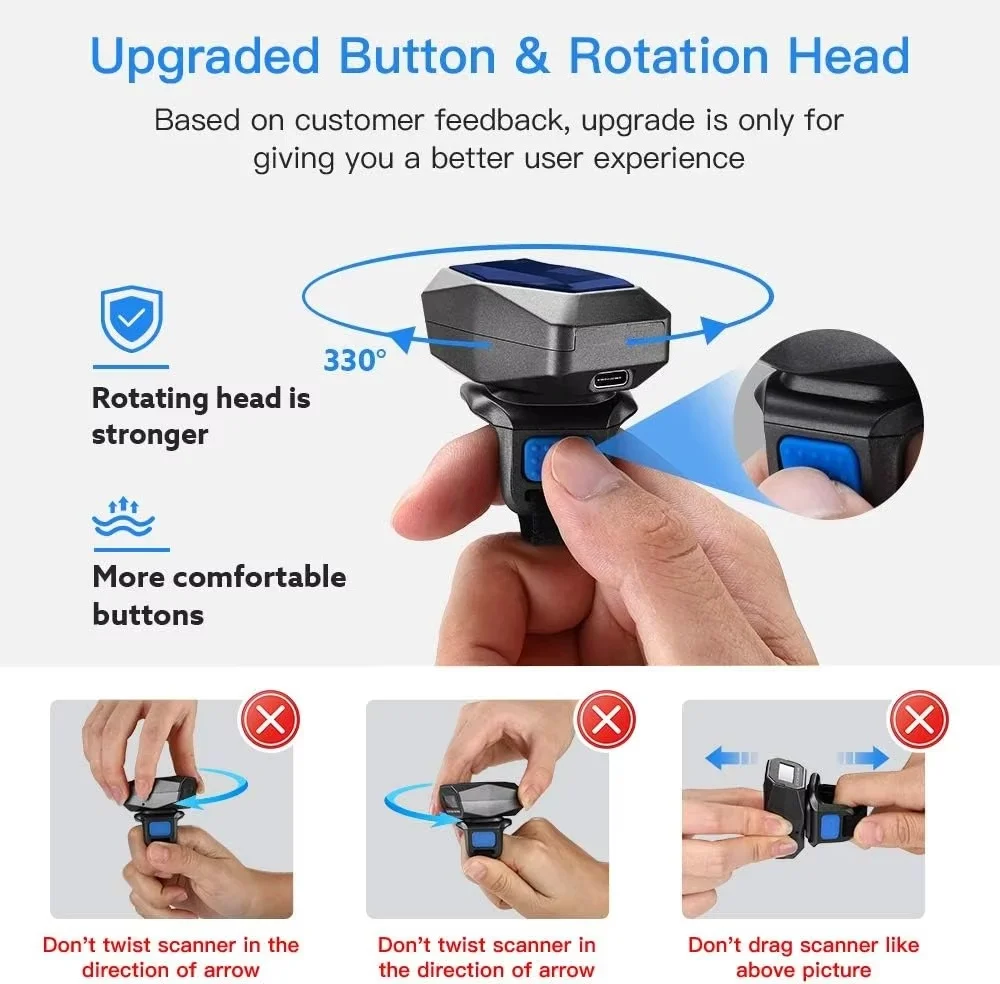 Eyoyo Portable Mini Finger 1D Wireless Bluetooth 3-in-1 USB Wired Inventory Bar Code Reader Ring Barcode Scanner