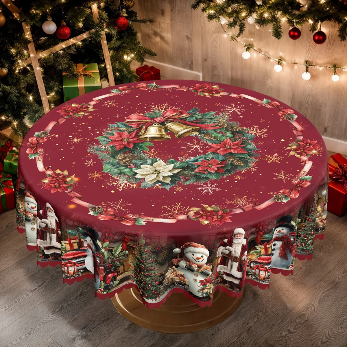 One-piece set, Christmas party tablecloth, wreath pattern with Santa, snowman and Christmas tree design table cover.zyc