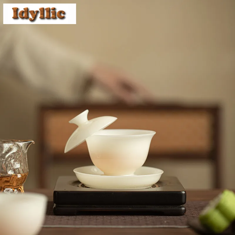 120ml Icy Mutton Fat Jade Hovering Gaiwan Retro Tea Tureen Tea Bowl With Lid Kit Tea Maker Cover Bowl Chinese Tea Set Ornaments