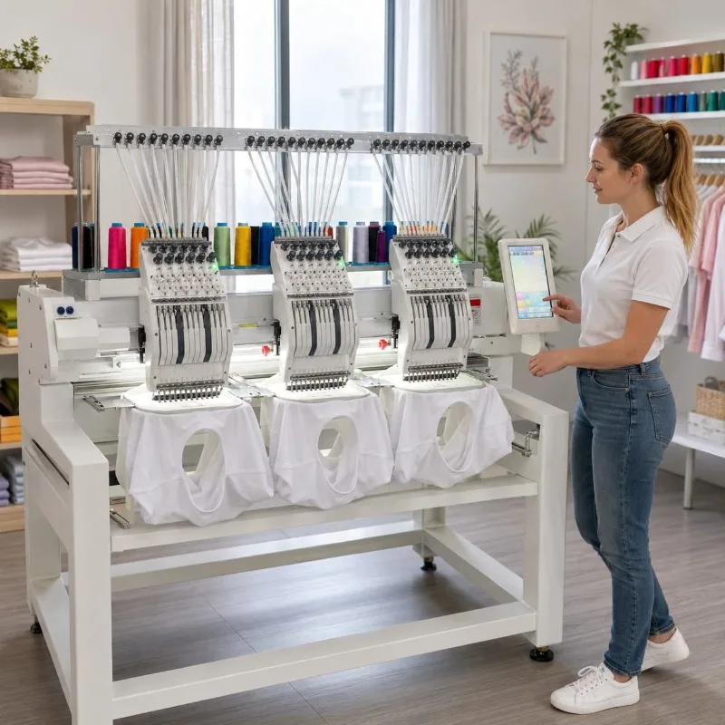 Industrial Dual Head Embroidery Machine Commercial Customized Apparel Logo Stitching Studio Production Use