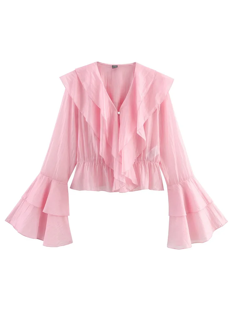 

European style new women's fashion versatile temperament simple long-sleeved multi-layer ruffled V-neck top