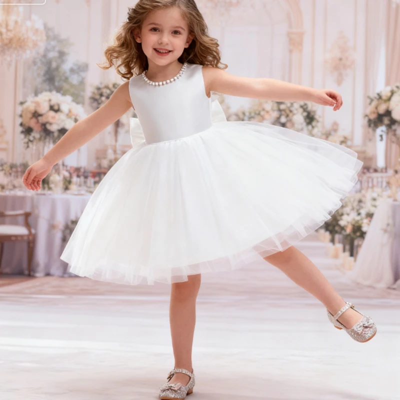 White Dress For Girls Wedding Pageant Party Infant Dress Gown	Kids Baptism First Communion Elegant White Big Bow Princess Dress