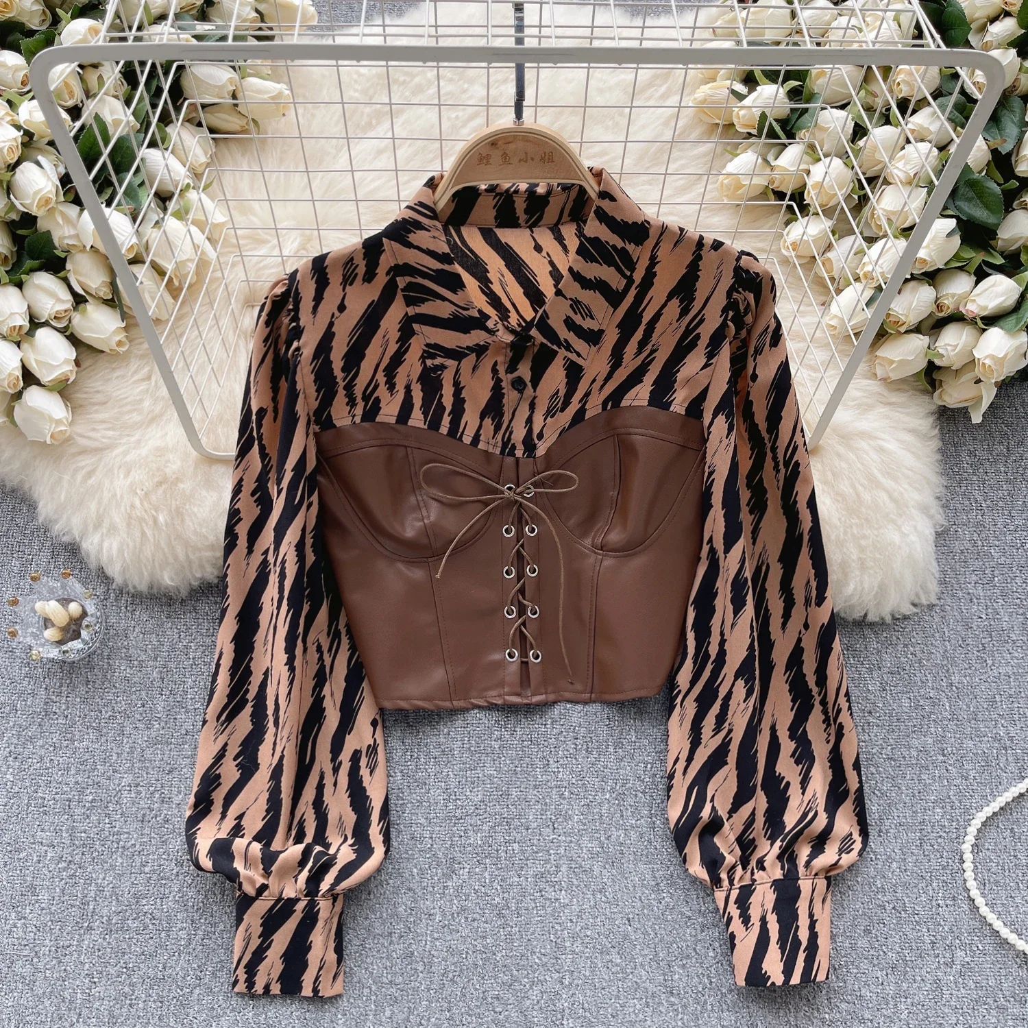 Women Vintage Lantern Long Sleeve Zebra-stripe Bandage Blouse Slim Elegant Korean Fashion Top Sexy Spring Summer Women Shirt