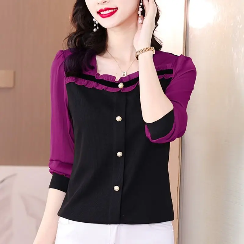 Spring Office Lady Ruffles Square Collar Long Sleeve Shirts Women Clothes Fashion Buttons T-Shirt Femme Korean Patchwork Top Tee