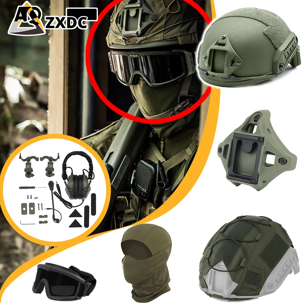 

Airsoft helmet with communication headset, Helmet NVG Shroud, goggles for tactical operations game, Balaclava, Green Jungle set