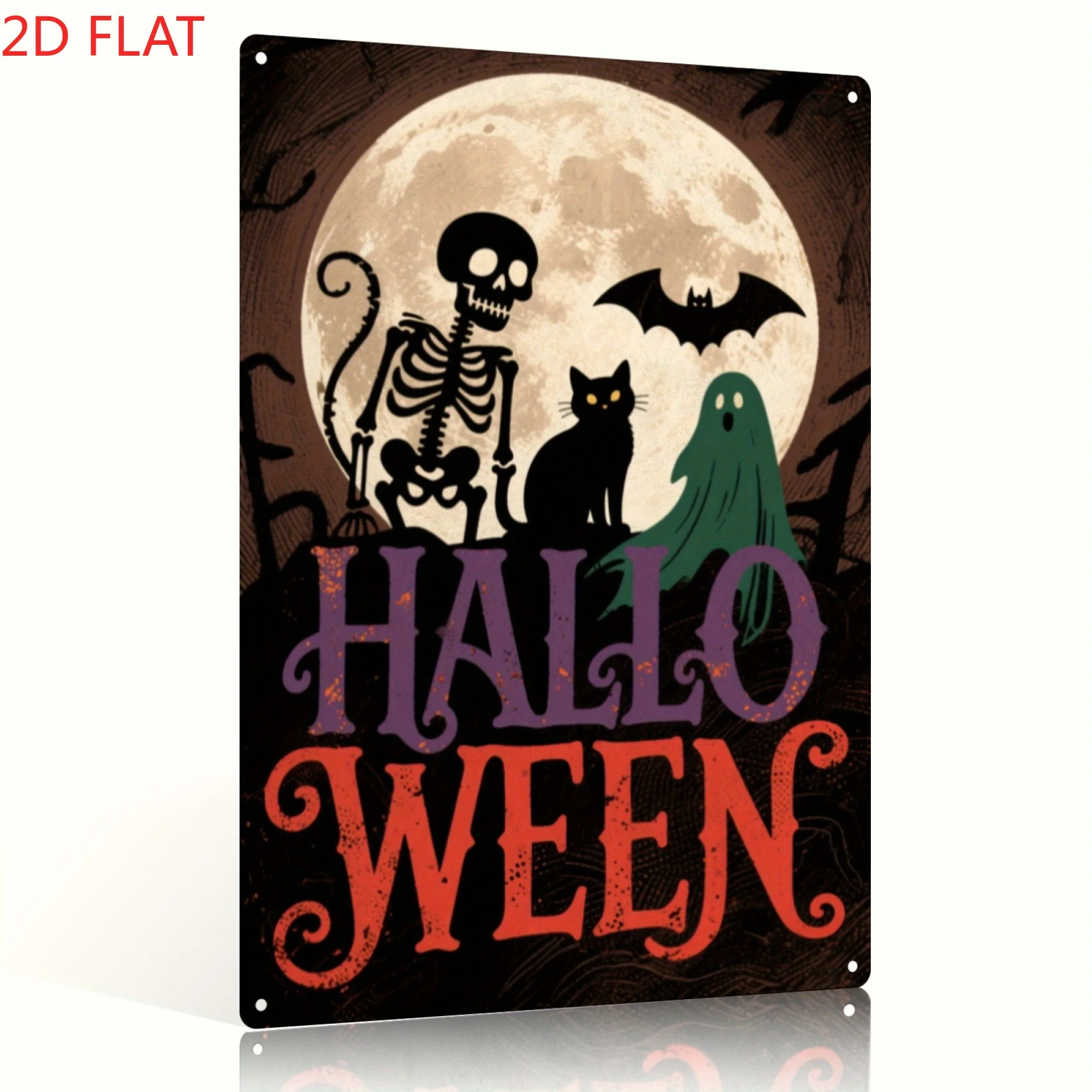 Halloween Metal Wall Decor Sign -  Iron Art with Skeleton, Black Cat & Ghosts - Purple & Orange Spooky Design for Indoor/Outdoo