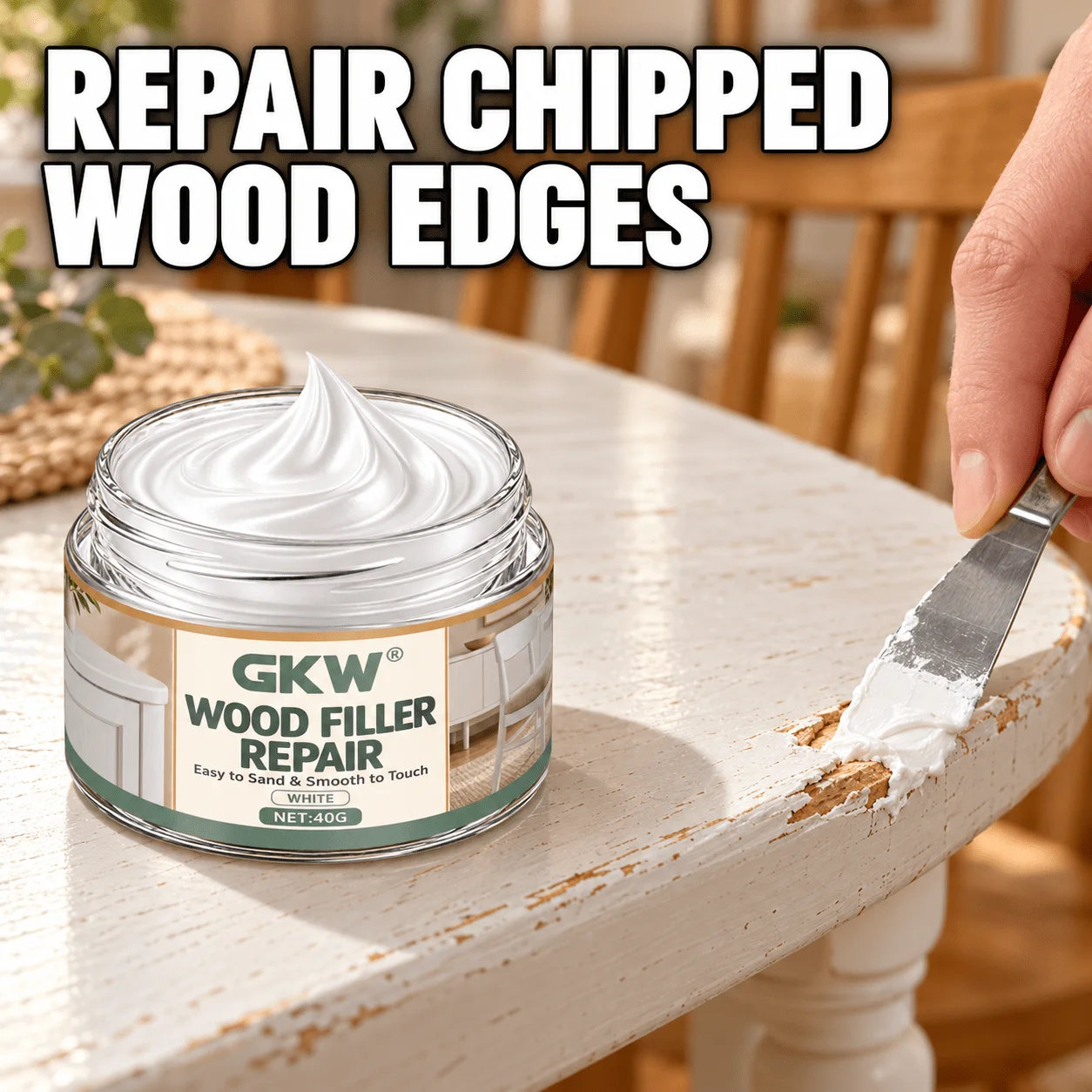 White Wood Crack Repair Paste. Quick One-step Touch-up, Instant Color Match. Long-lasting Gap Filler. Household Essential.