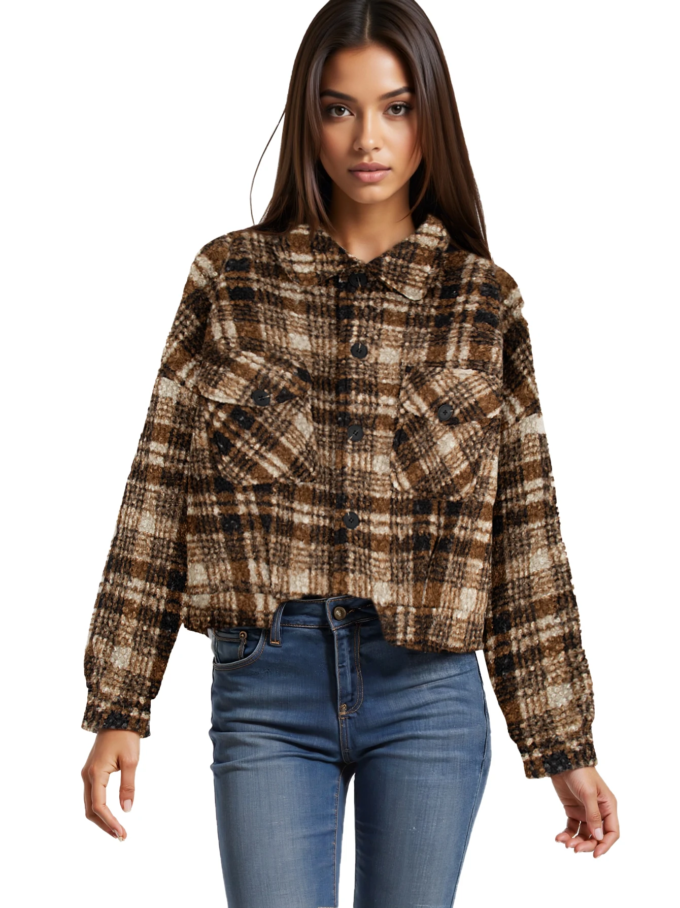 

Women's Cropped Vintage Plaid Fleece Jacket Turn-Down Collar Pocket Button Coat Autumn Winter Street Style Top”
