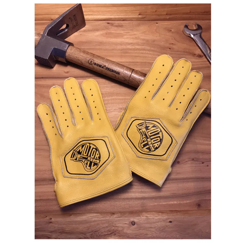 Motorcycle retro full finger first layer cowhide gloves men's outdoor locomotive leather gloves
