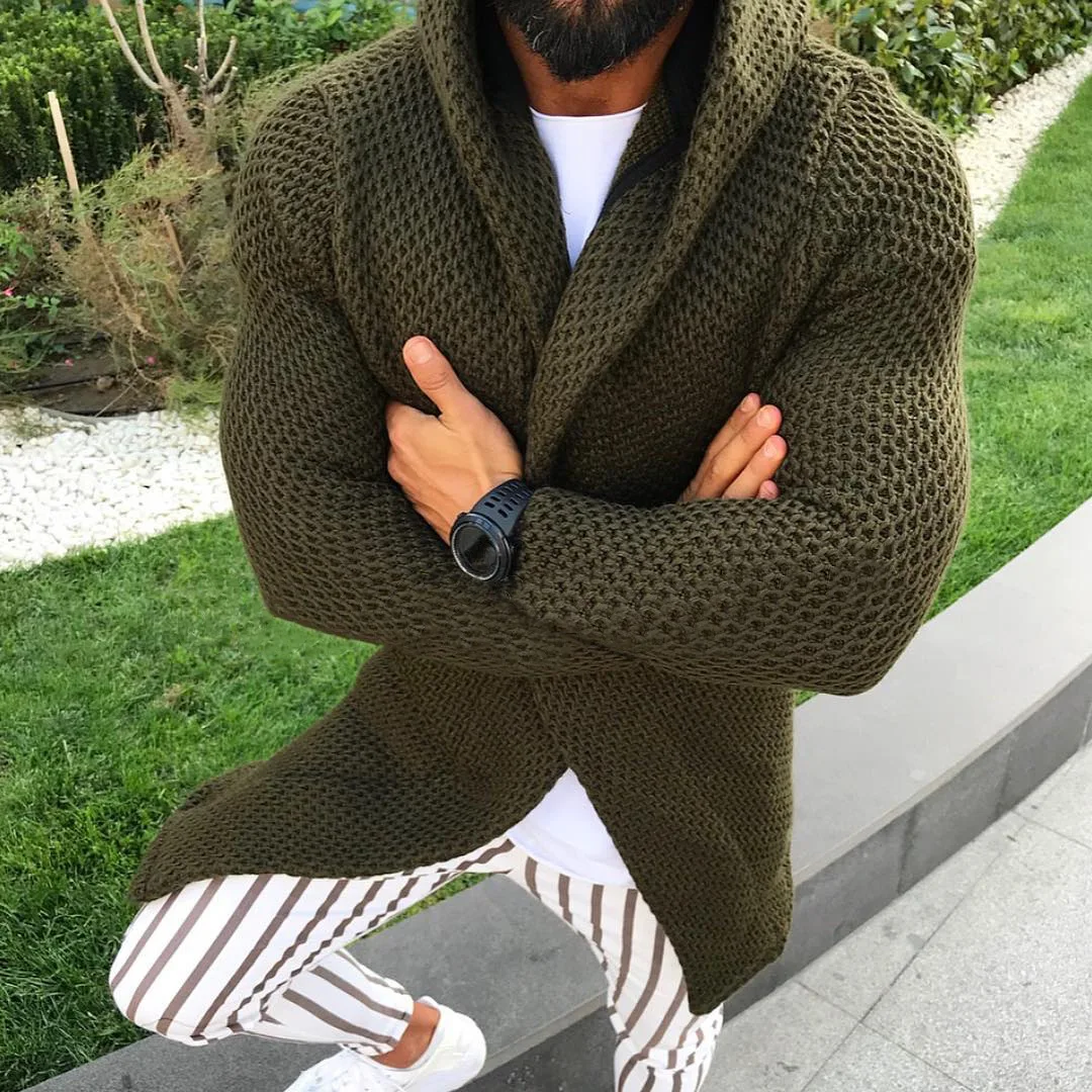 

Nice autumn winter high neck sweater men's color matching leather buckle long sleeve knitted cardigan European and AmericanLarge