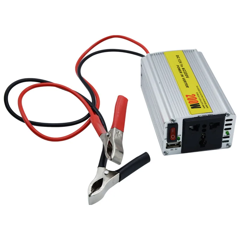 Портативный инвертор 200 Вт, уличный инвертор, солнечный инвертор, USB DC 12 В в AC 220 В, преобразователь USB, зажим для аккумулятора, универсальная розетка