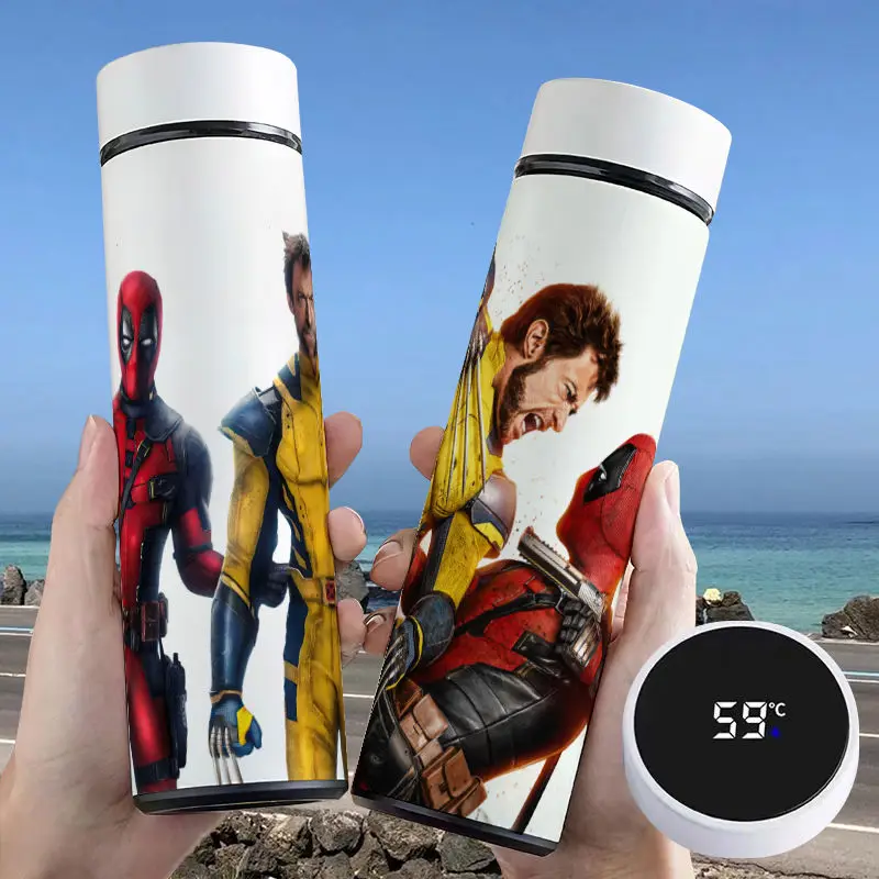 Anime peripheral Marvel Wolverine Deadpool cool cartoon pattern fashionable large capacity stainless steel smart thermos cup