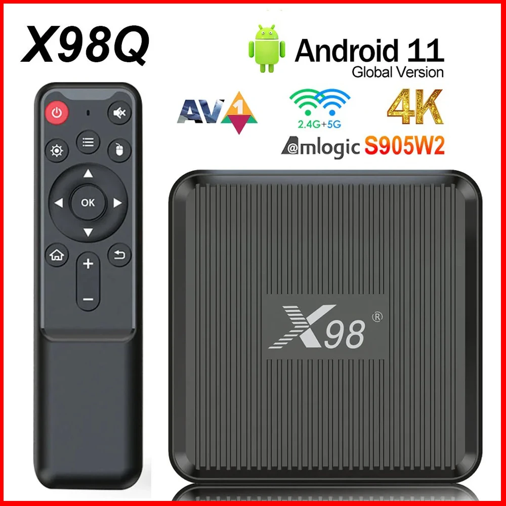 X98Q Smart TV Box AV1 Amlogic S905W2 4K HD Smart Media Player Set Top Box Android11 2.4G&5G Dual WiFi X98Q TV Box 1+8GB 2+16GB