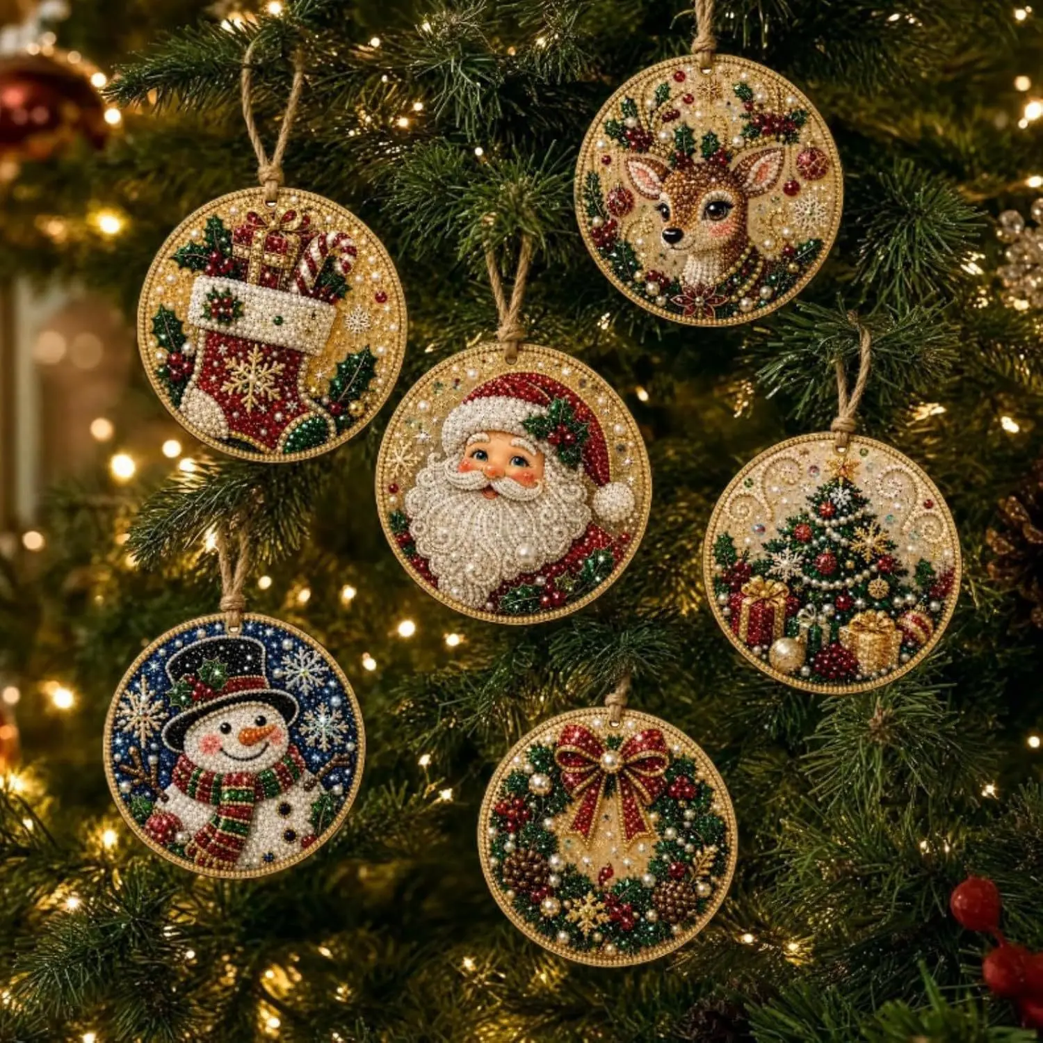 Christmas DIY Diamond Art Wooden Hanging Ornaments Santa Claus Snowman Reindeer Resin Pearl Painting Xmas Handmade Craft Gifts